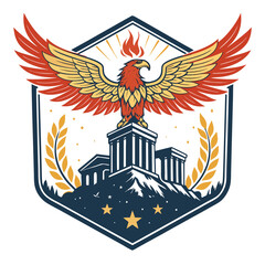 A phoenix perches atop ancient Greek columns on a starry night.