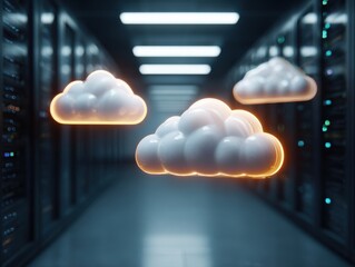 Modern Hybrid Work Cloud Computing Icons in Server Room Premium High-Quality Tech Content for Professional IT Marketing and Corporate Digital Campaigns