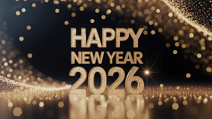 Sparkling gold Happy New Year 2026 on black background with shiny gold bokeh and glitter. Festive dark background