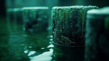 Green paint drips on rusty posts in murky water