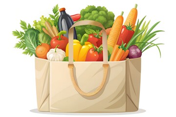 Grocery bag overflowing with fresh vegetables and a bottle of olive oil illustration