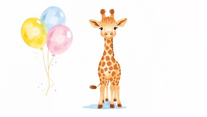 Obraz premium Giraffe watercolor illustration with balloons on white background for kids room decor
