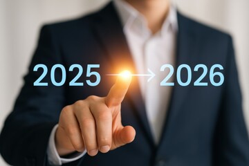Businessman Transitioning from 2025 to 2026 with Touch Gesture on Transparent Interface Concept
