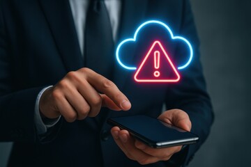Businessman using smartphone with cloud alert icon indicating data issue or service notification