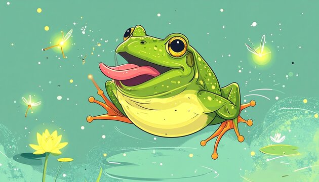 Cartoon frog with tongue out in pond surrounded by fireflies