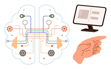 Brain with neural connections, computer screen, and pointing hand conveying artificial intelligence, neuroscience, collaboration, system networks, decision-making, data flow, simple flat metaphor