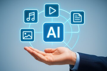 Fototapeta premium Hand Reaching Out with AI Icon and Multimedia Symbols Representing Technology and Innovation