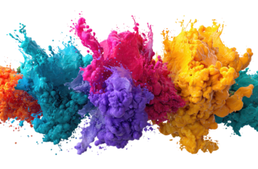 Colorful ink splashes in various shades of vibrant hues against a transparent background