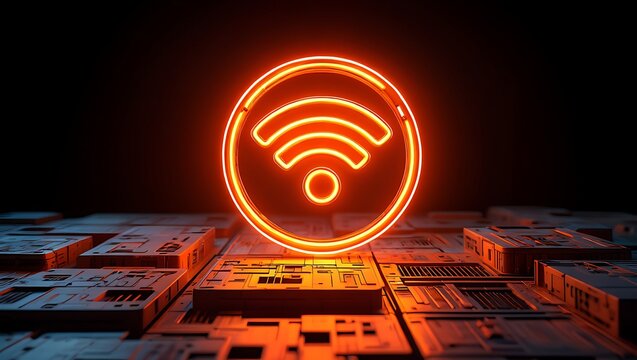 Glowing Orange Wi-Fi Symbol Rises From Futuristic Circuit Board Surface