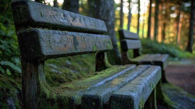 A single wooden bench sits amidst the trees in a peaceful forest scene, ideal for use as a background or to highlight the beauty of nature