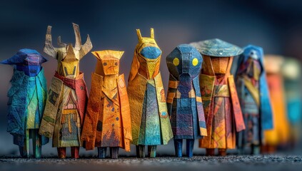 Vibrant origami characters stand in a line, showcasing unique designs and colorful paper artistry, perfect for creative projects.