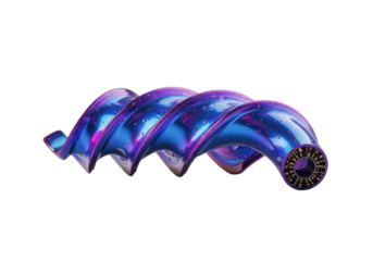 Mesmerizing precision-engineered metallic spiral object with iridescent blue, violet, magenta finish, razor-sharp edges, hyper-polished, on transparent, futuristic design concept