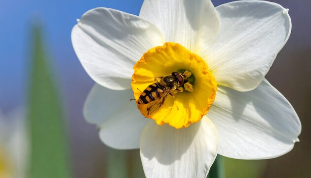 Close-up of a bee-fly on a white daffodil