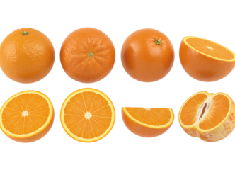 Fresh oranges in various forms, whole and sliced, evoke healthy eating and vibrant flavor, perfect for juice ads, nutritional guides, and recipe promotions, offering a burst of citrus delight