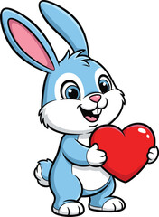 Cute blue cartoon rabbit holding red heart, cheerful bunny character, love symbol, Valentine's mascot, adorable animal illustration for kids