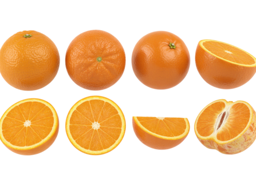 Fresh oranges in various forms, whole and sliced, evoke healthy eating and vibrant flavor, perfect for juice ads, nutritional guides, and recipe promotions, offering a burst of citrus delight