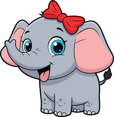 Cute cartoon baby elephant with big blue eyes, red bow on head, happy smile, isolated on white background, children illustration