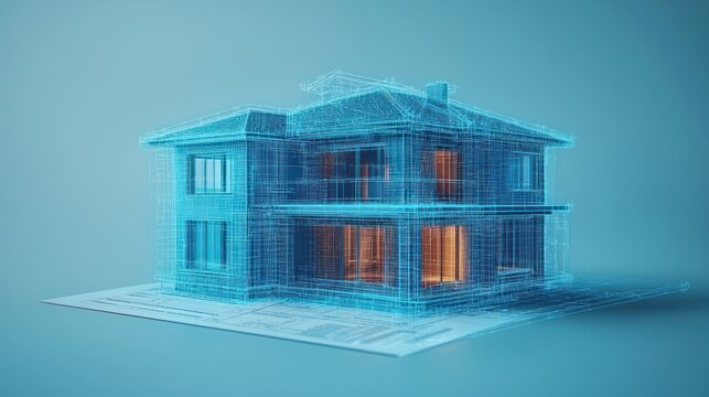 Blueprint of a two-story house with orange glow interior on a blue background - Powered by Adobe