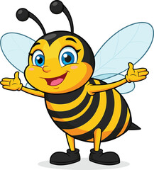 Cute cartoon bee character with smiling face and open wings, happy insect mascot illustration, adorable animal design for kids, isolated background