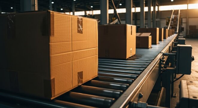 Boxes move on a conveyor belt in a large, brightly lit industrial space