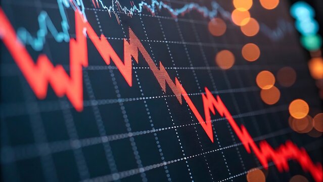 Stock market crash chart with downward trend line and bokeh lights, symbolizing financial crisis and economic downturn