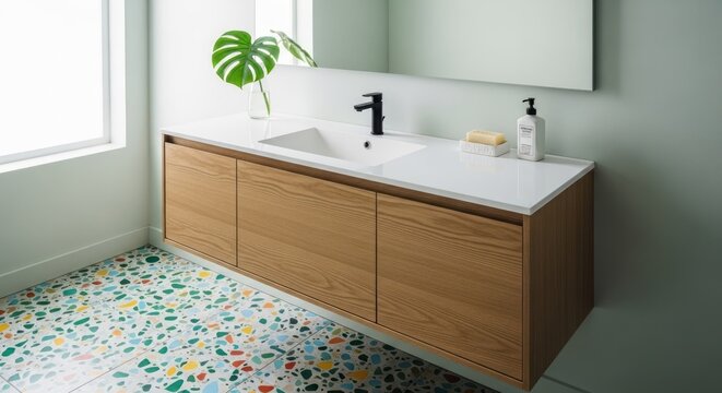 Bright bathroom with wooden vanity, quartz countertop, and colorful tile floor - Powered by Adobe