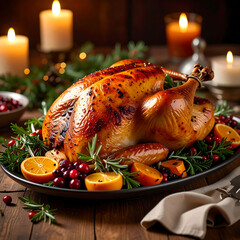 Pavo asado dorado en plato festivo con naranjas cranberries y romero decoración navideña con velas
