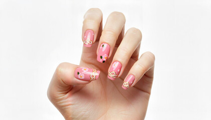Hand with decorative pink nails featuring floral designs on white background  