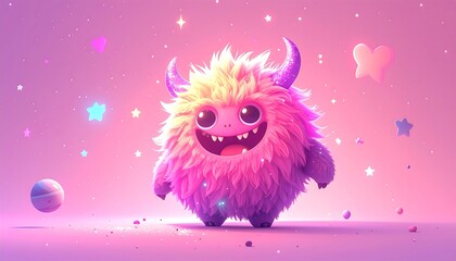 Cartoon monster character with horns and furry body on pink background