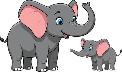 Cute cartoon elephant mother and baby illustration, happy wild animal family character, jungle wildlife design, adorable nature drawing, vector artwork