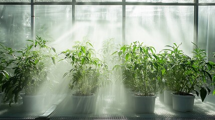 Greenhouse plants sunlight mist
