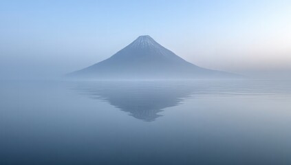 Mountain peak reflects on still water in hazy, blue morning.