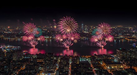 Obraz premium Cityscape fireworks display night sky