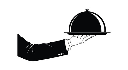 Fototapeta premium Elegant service Hand holding a covered silver platter in black and white