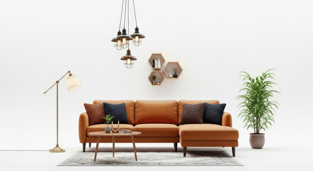 Stylish Living Room Setup with Brown Sofa and Modern Lighting A Contemporary Home Interior Featuring a Comfortable Seating Area and Decorative Elements