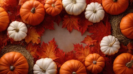 Symmetrical autumn border with pumpkins, hay, and maple leaves surrounding clean center for text, ideal for fall branding and social media

