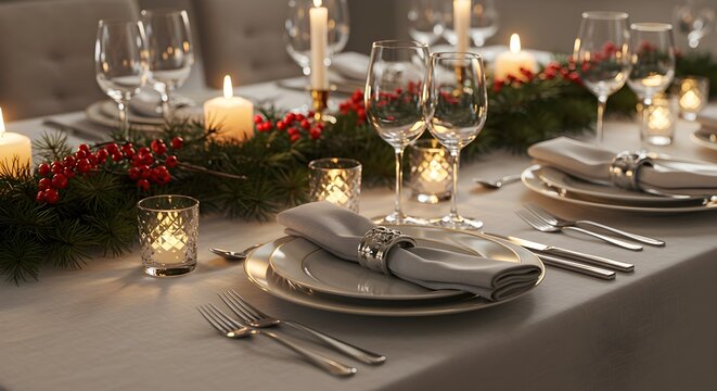 Elegant table setting with candles and festive decor - Powered by Adobe
