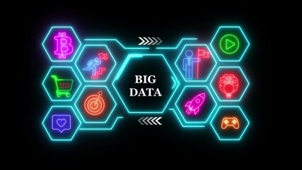 Glowing neon sign Big Data concept button on a futuristic computer screen display with hexagon shapes and sciencetic symbols on rotating world map icon. technology network background - Powered by Adobe