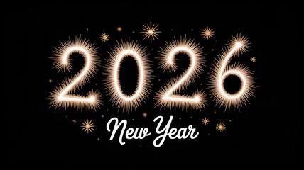 New Year Banner with 2026 Text on Black. Gold Sparkler Firework Caption
