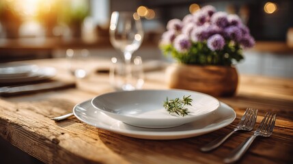 cutlery. Warm kitchen scene with place settings for two, evoking a sense of simplicity and togetherness. menu design, packaging mockups, designed for food delivery and cloud-kitchen brand materials.