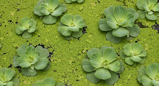 Close up of water lettuce plants in a pond with duckweed creating a vibrant green scene