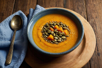 Hearty Pumpkin Soup Topped with Seeds and Diced Pumpkin on Wooden Table garnish