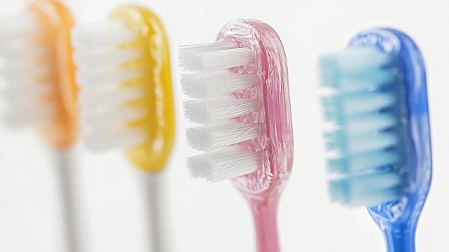 Row of toothbrushes aligned on a white surface, great for illustration or design concept