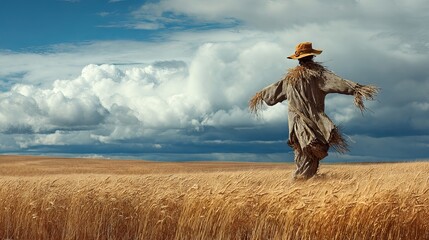 A straw scarecrow stands in a golden wheat field under a dramatic sky, embodying rural charm and tranquility.