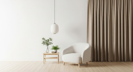 Serene Interior Design with a White Armchair, a Wooden Side Table Adorned with Greenery, a Stylish Pendant Lamp, and a Textured Curtain Against a Clean White Wall