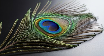 Close up of vibrant peacock feather with blue, green, and gold eye pattern