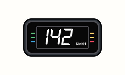 Digital speed display showing 142 kmh isolated on white background