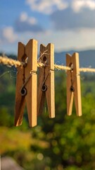 Wooden clothespins on a clothesline