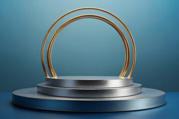 Modern Minimalist Display Pedestal with Gold Arches and Silver Platforms Keywords: pedestal, display, platform, stage, podium