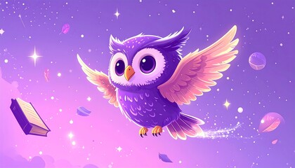 Obraz premium Cartoon owl soaring through space with open book illustration against purple sky